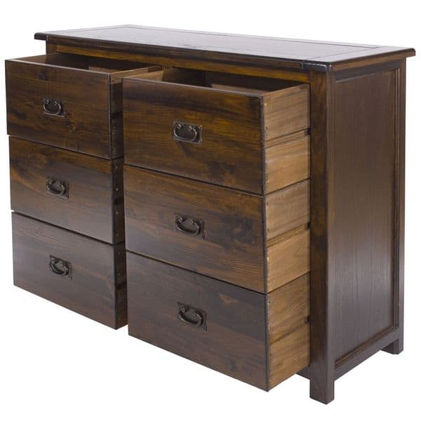 Boston Dark Pine 3 by 3 Wide Six Drawer Chest with Dovetailed Drawers and Free Delivery